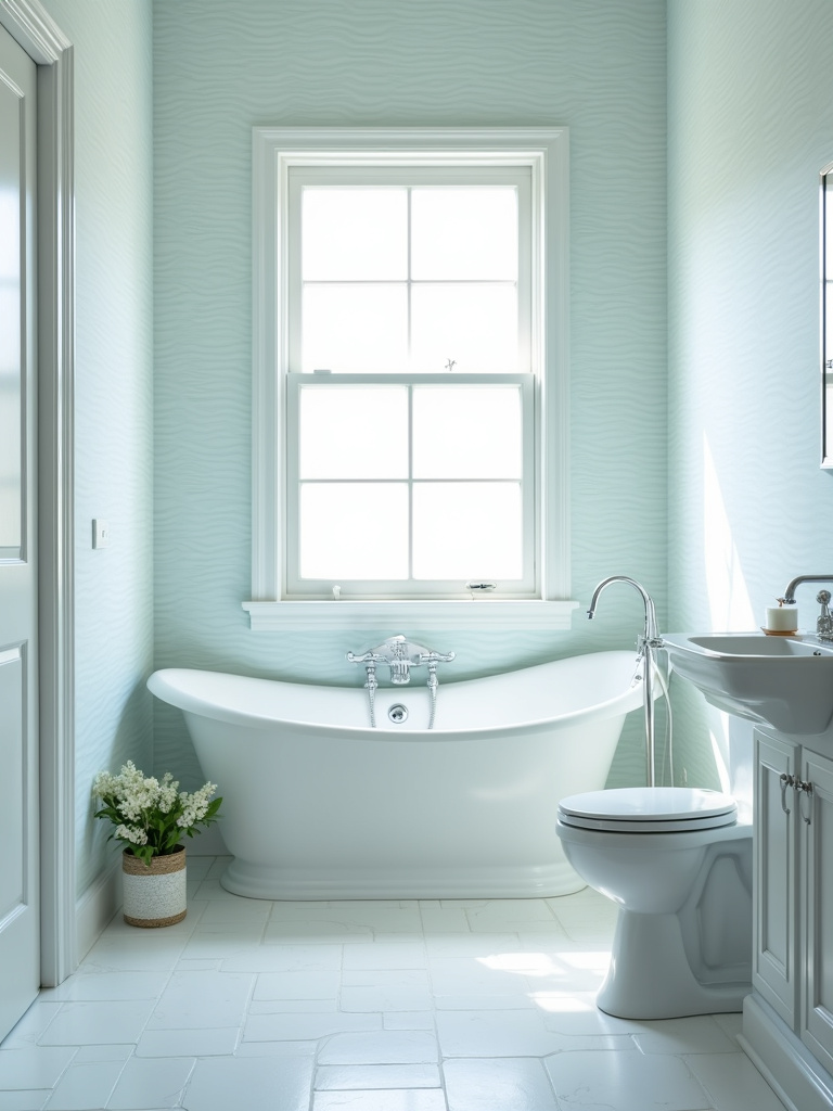 Calming bathroom interior with light blue and white wave pattern wallpaper, creating a serene coastal ambiance.