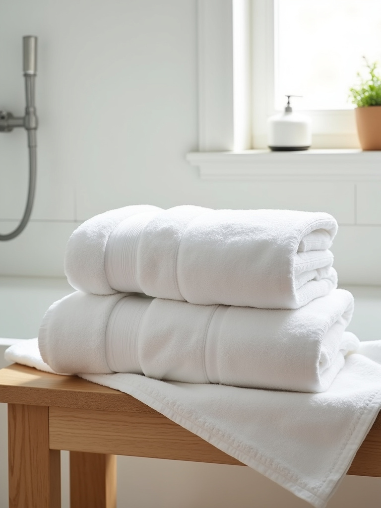 Stack of white Turkish towels on a wooden bench in a bathroom.