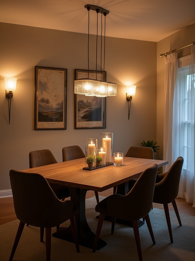 “Modern dining room with layered lighting: chandelier, wall sconces, and candlelight.”