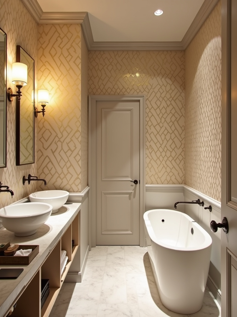 Luxurious bathroom interior with wallpaper featuring shimmering gold geometric accents, adding glamour and sophistication.