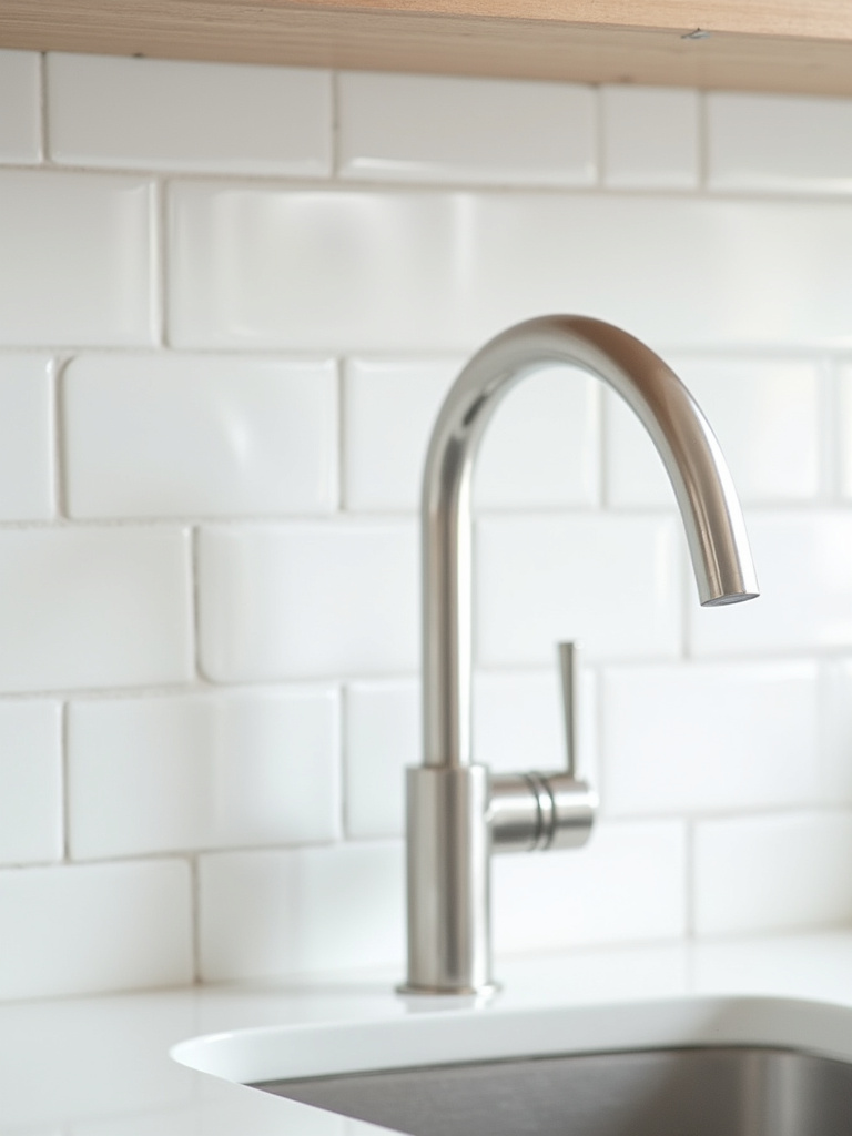 Close-up view of a white subway tile backsplash in a Scandinavian kitchen, highlighting the clean lines and subtle texture with white grout and soft lighting.