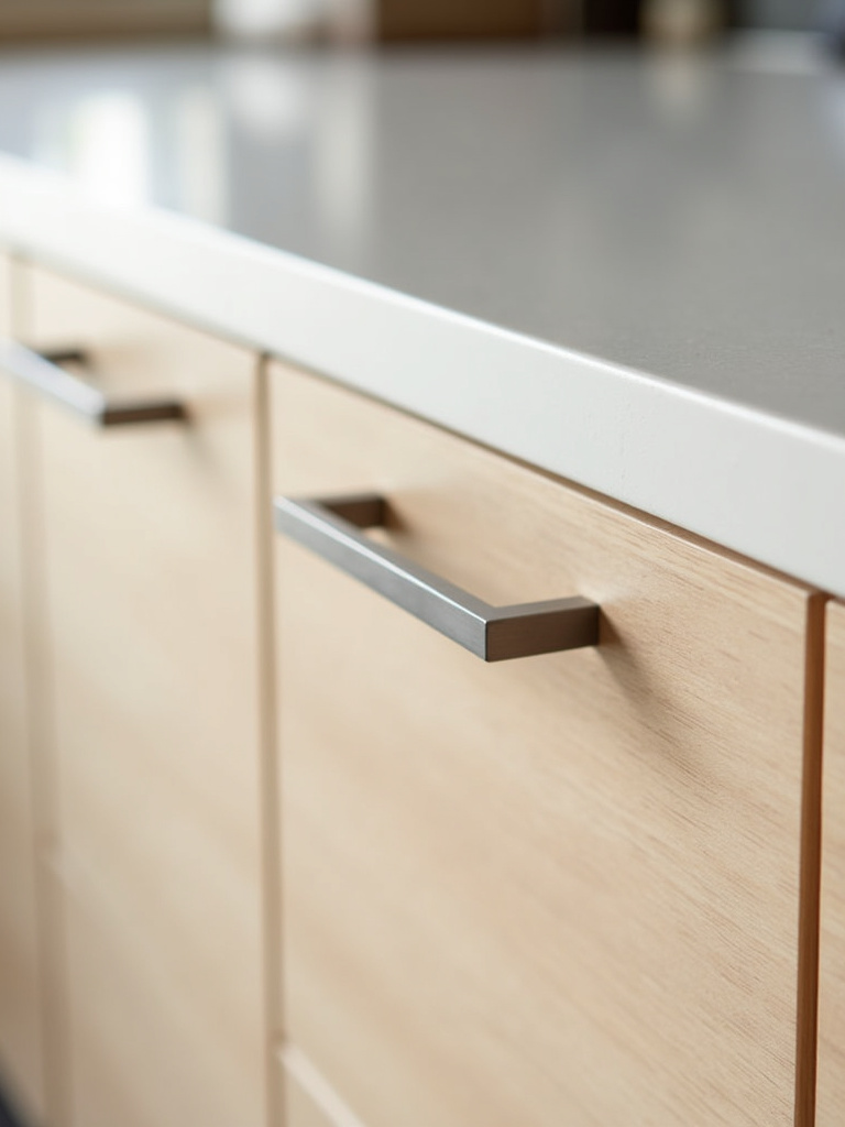 Close-up view of minimalist brushed stainless steel bar pull hardware on light wood Scandinavian kitchen cabinets, highlighting the simple elegance and functional design.