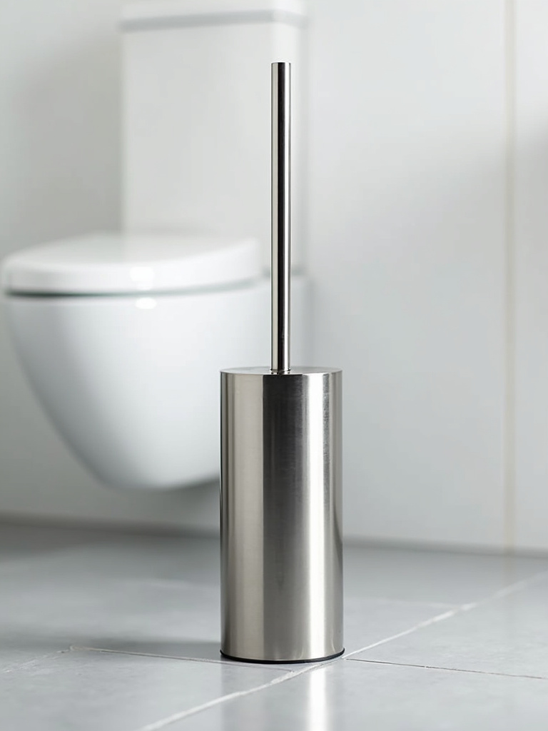 Stainless steel toilet brush and holder set on a bathroom floor.