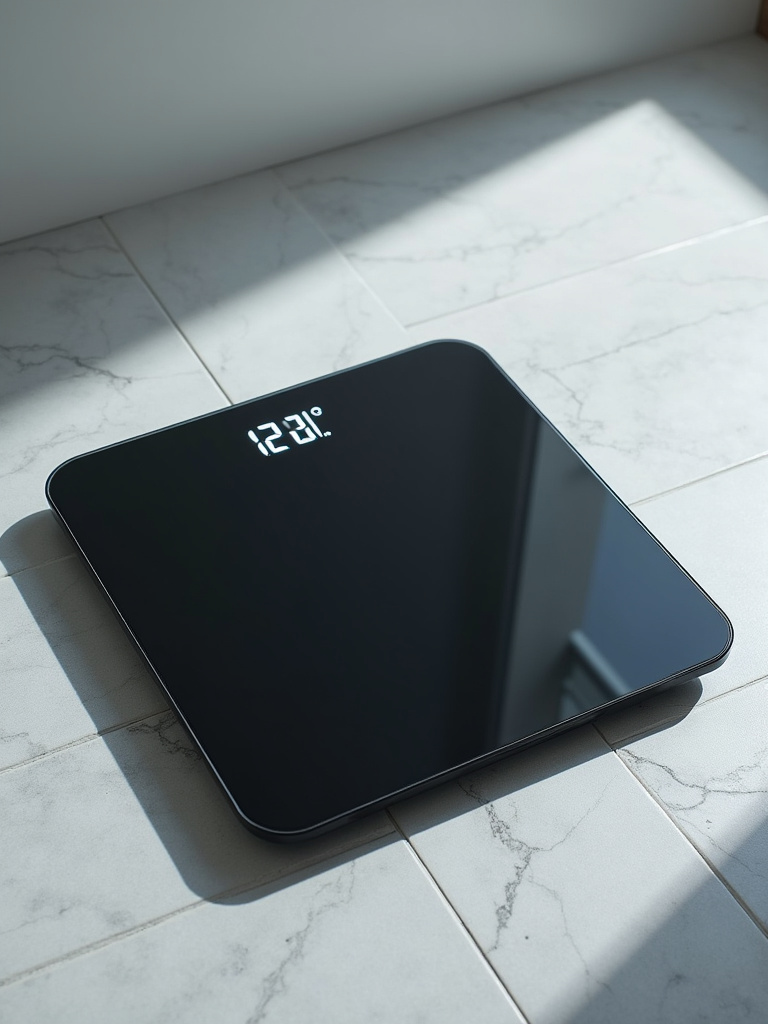 Black smart digital bathroom scale with body composition display on a tile floor.