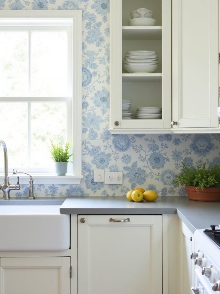 “Soft blue and white patterned tile backsplash in a serene traditional kitchen.”