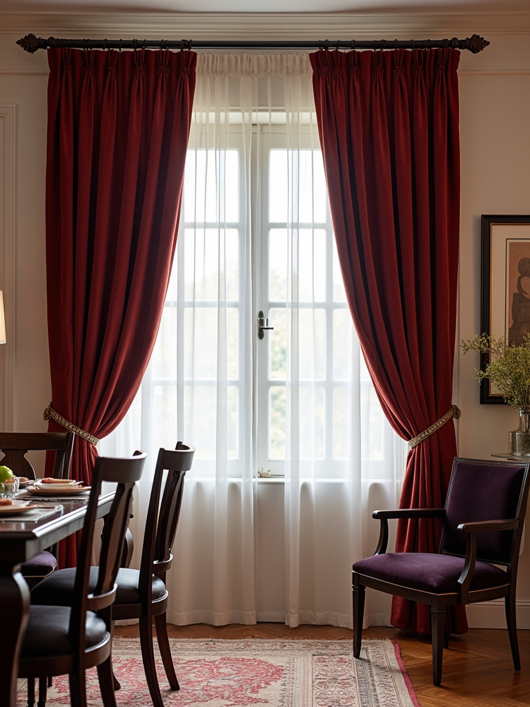 “Traditional dining room with floor-to-ceiling velvet drapes in a jewel tone.”
