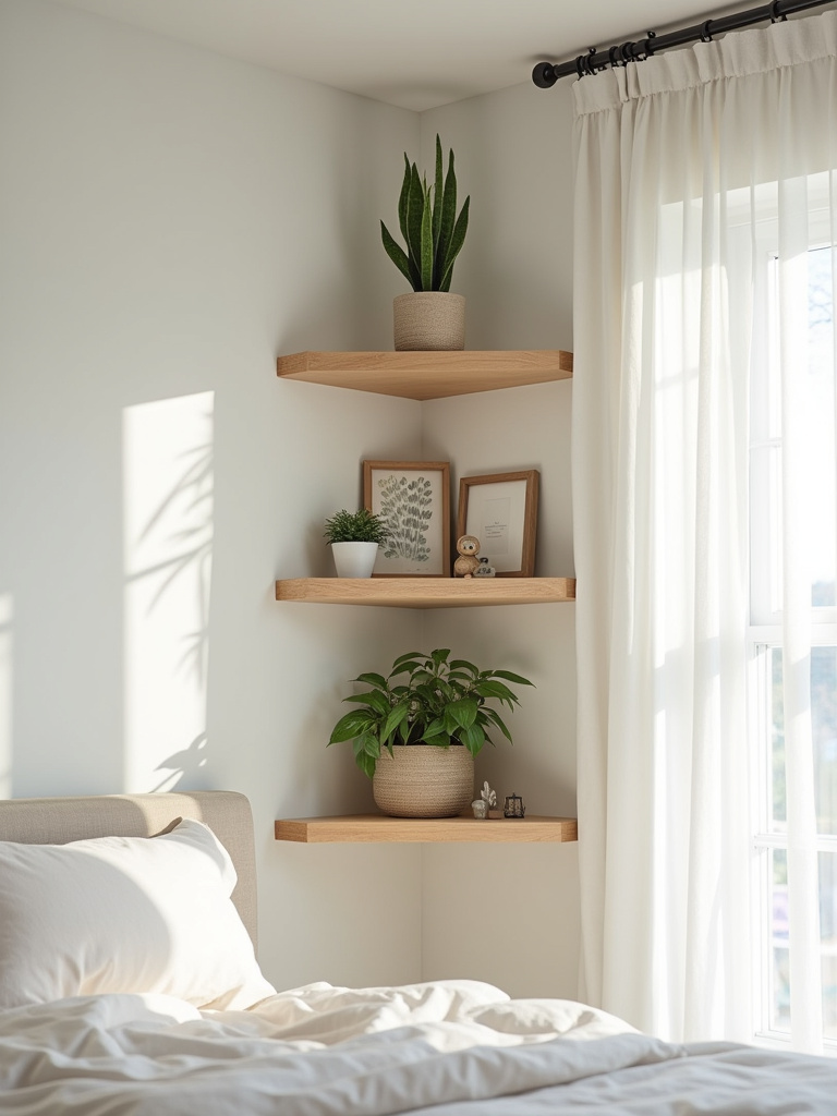 Light wood corner shelves displaying plants and decor in a bright bedroom corner.