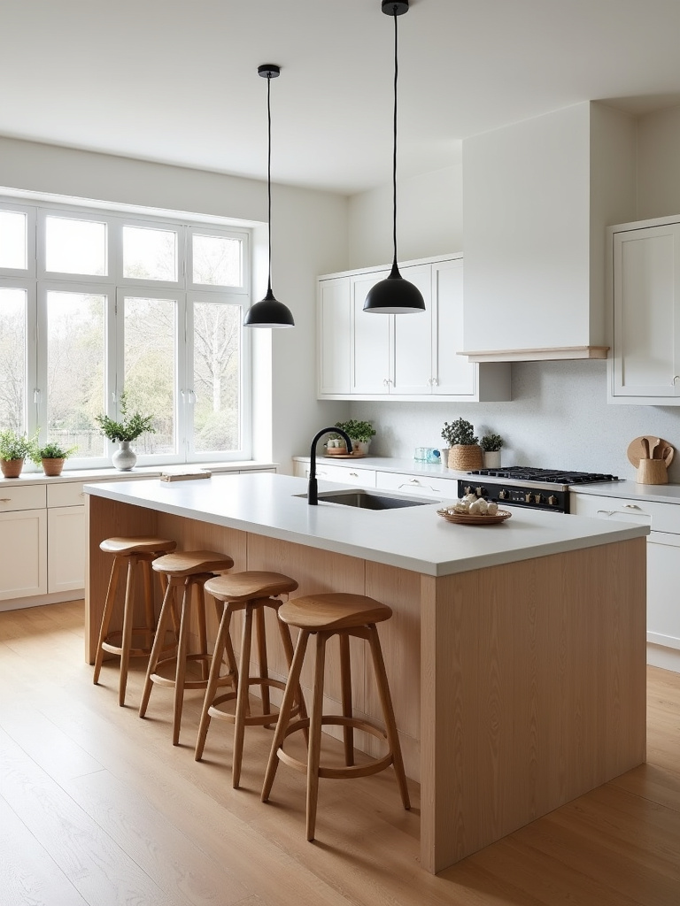 Scandinavian kitchen with a statement light wood kitchen island, featuring a white quartz countertop, bar stools, and pendant lighting, serving as a functional and beautiful centerpiece.