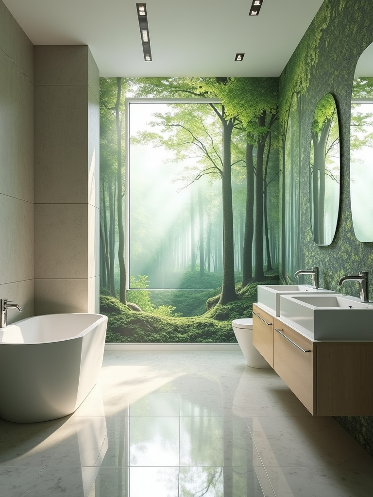 Tranquil bathroom featuring a large wall mural of a forest landscape, creating a serene and nature-inspired atmosphere.