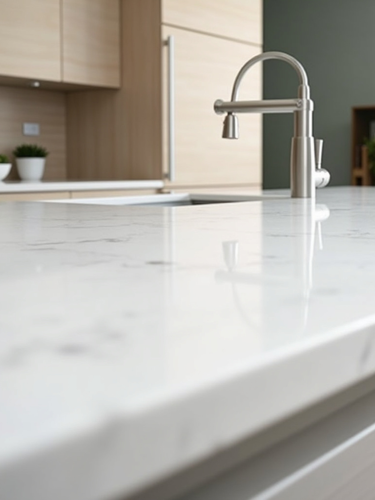 Close-up view of a white quartz countertop in a Scandinavian kitchen, showcasing the clean, smooth surface, subtle veining, and sophisticated elegance of the stone.