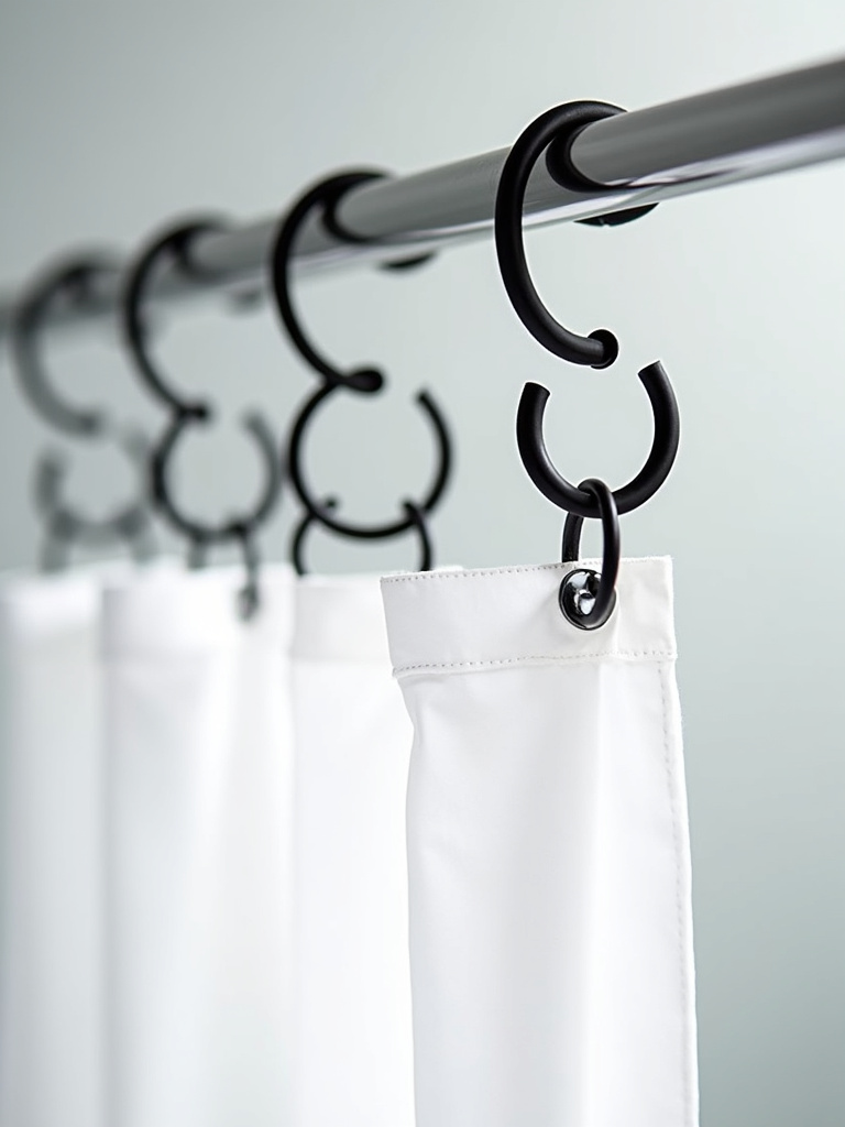 Matte black rustproof shower curtain rings hanging on a chrome shower rod.