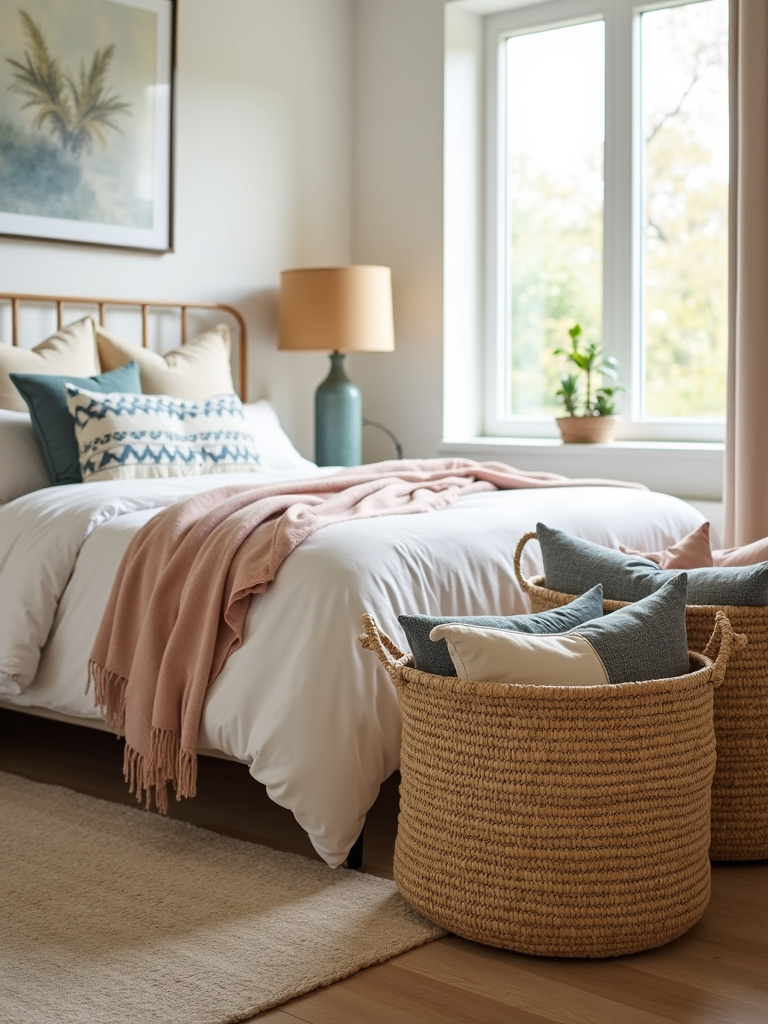 Two woven seagrass baskets next to a bed, one filled with blankets and pillows in a bohemian bedroom.