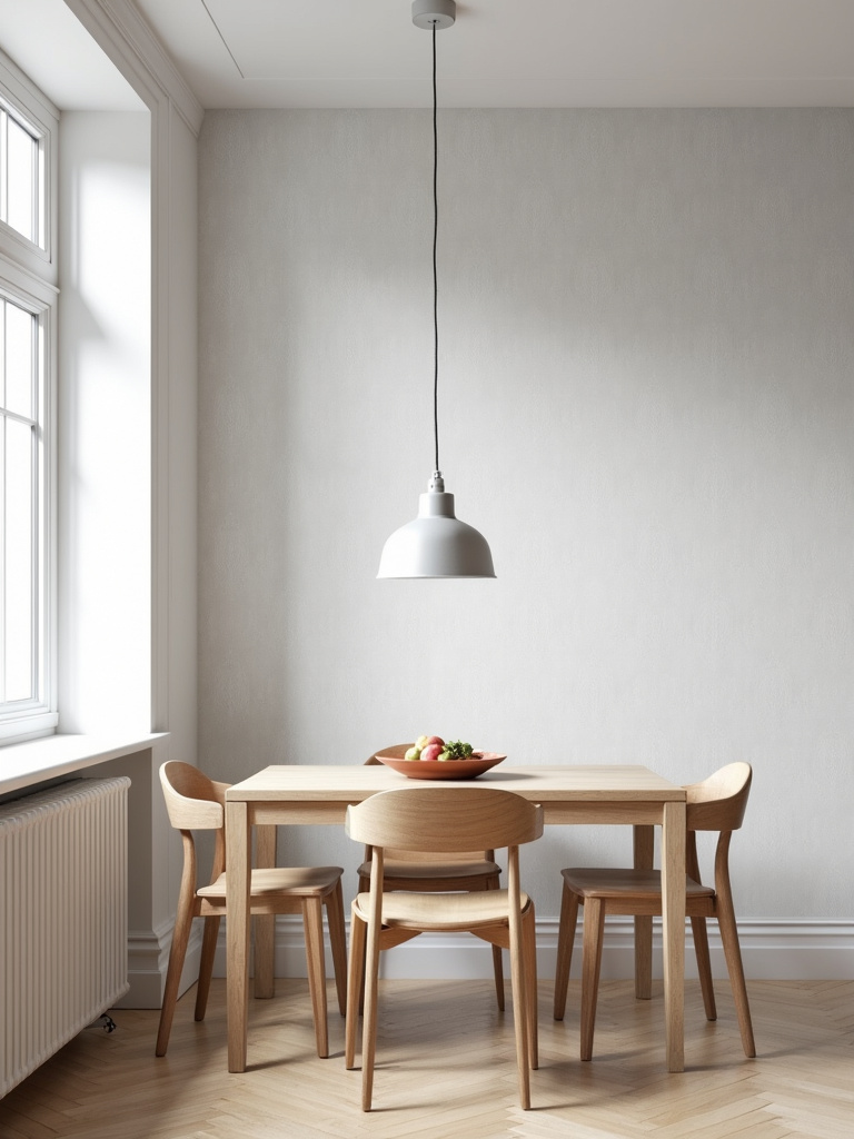 Quiet style dining room with light gray embossed damask wallpaper, light wood furniture, and soft natural light.