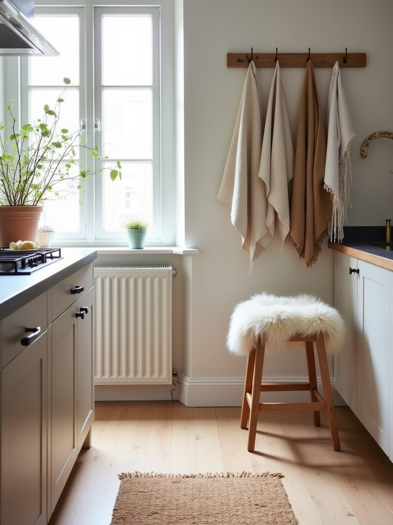 Scandinavian kitchen with textile accents, including a natural wool rug, linen dish towels, and a sheepskin throw, adding warmth, texture, and comfort to the minimalist space.