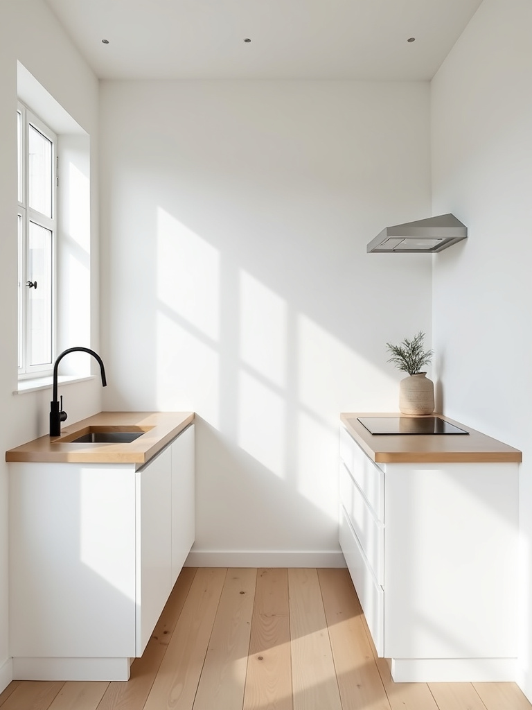 Bright Scandinavian kitchen with white walls, minimalist white cabinets, light wood floor, and soft natural lighting.
