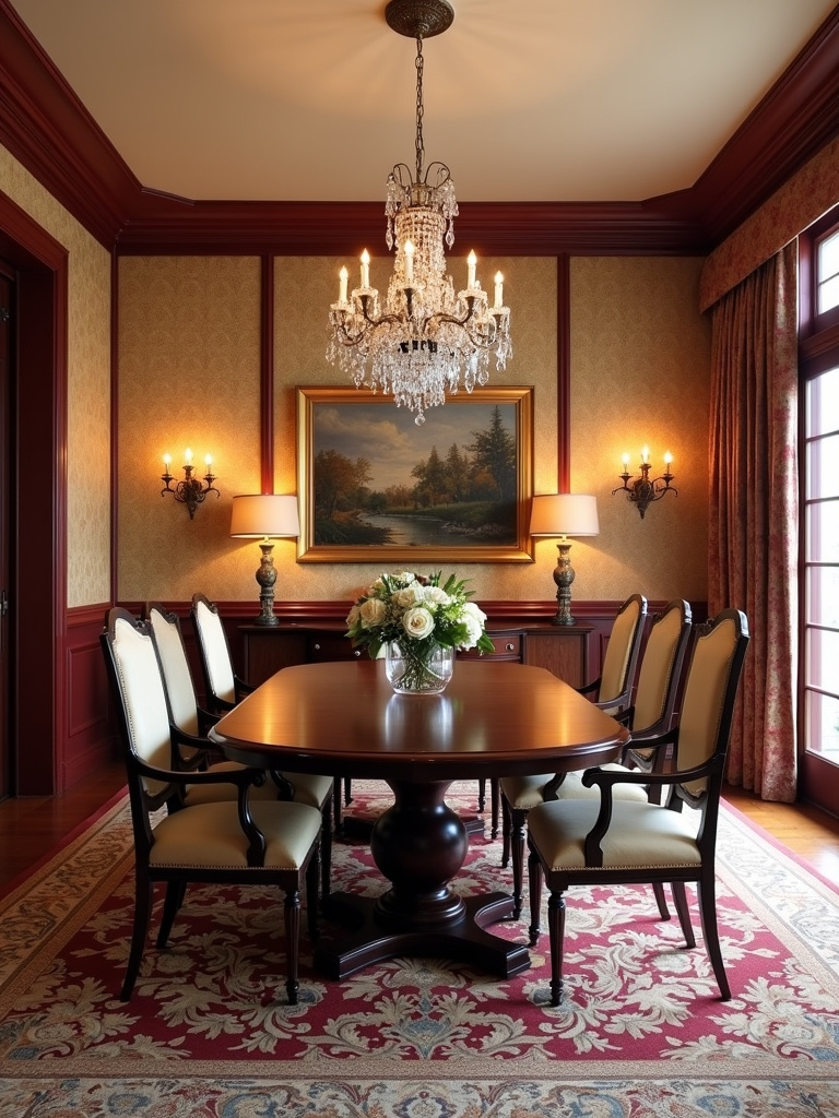 “Elegant traditional dining room with a mahogany table, crystal chandelier, and rich fabrics.”