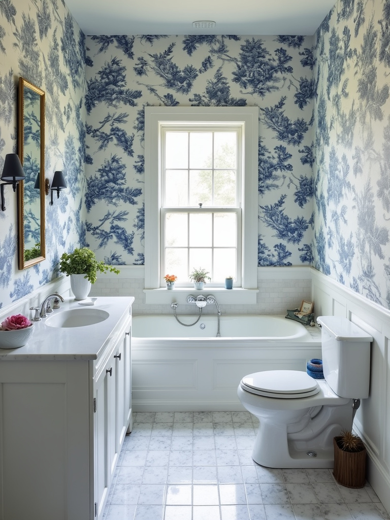 Elegant bathroom interior with classic blue and white toile de Jouy wallpaper, creating a timeless vintage aesthetic.
