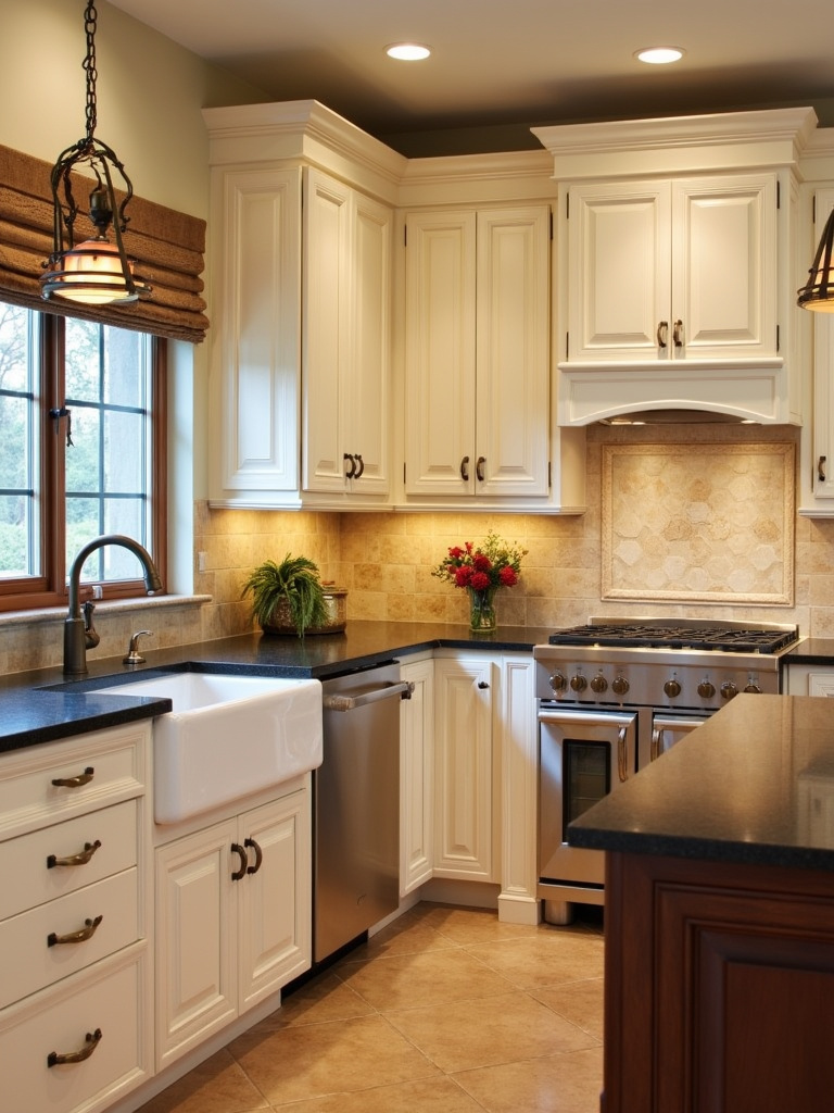 “Warm travertine stone tile backsplash in a traditional kitchen.”