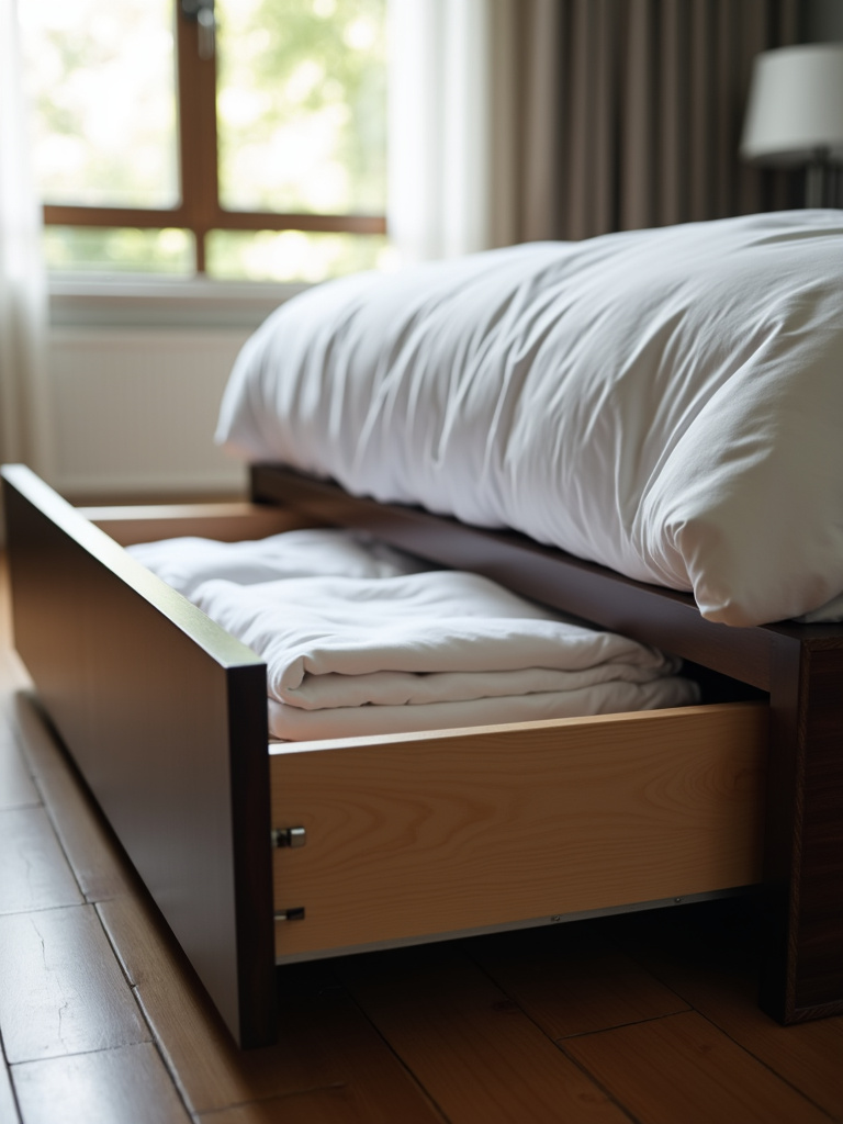 Under-bed storage drawer partially open, revealing folded white linens in a bright bedroom