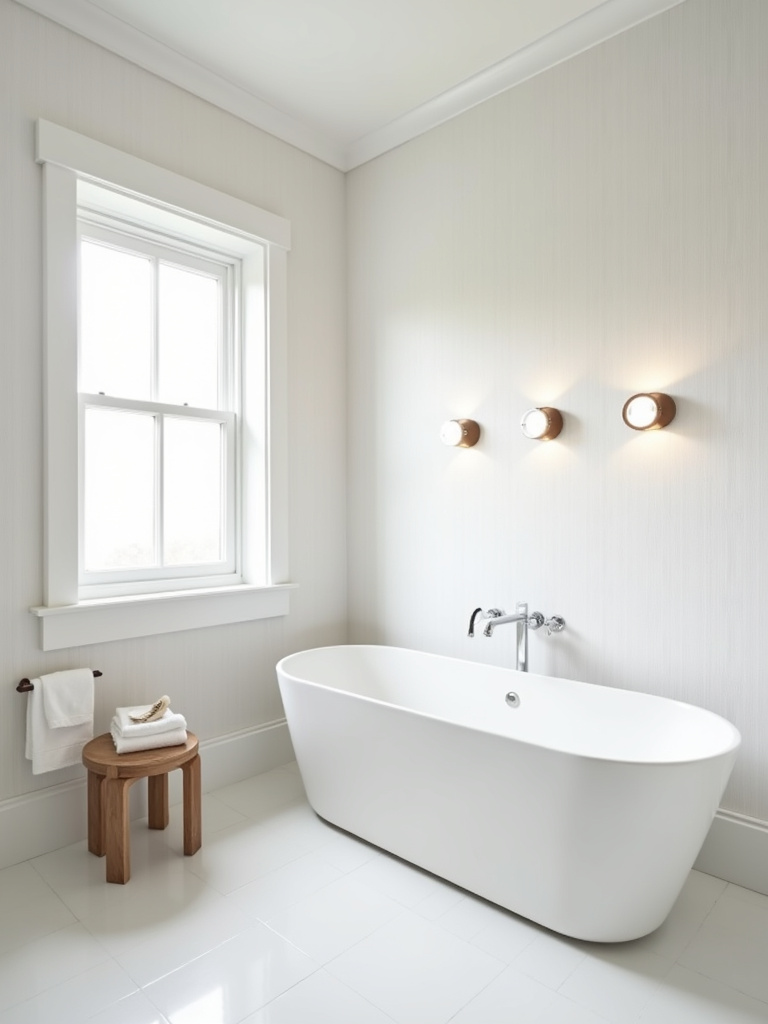 Minimalist bathroom interior with white linen-textured wallpaper, creating subtle warmth and understated chic.