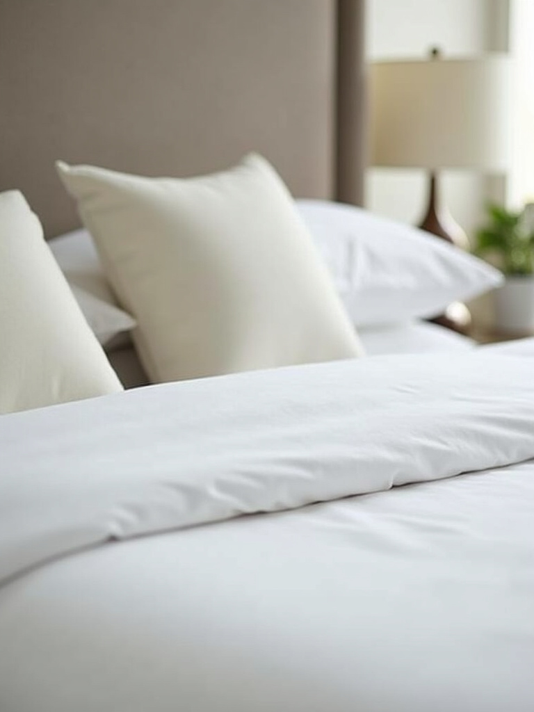 A minimalist bed with crisp white bedding and just three neutral throw pillows, showcasing a clean and uncluttered look.