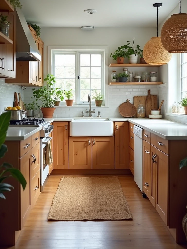 Bohemian kitchen showcasing a woven jute rug adding texture and warmth, complemented by natural wood cabinets, open shelving, plants, woven pendant lights, and light countertops, bathed in soft natural light.