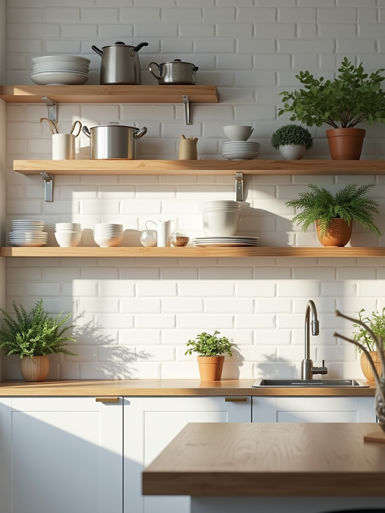 Contemporary kitchen with open wood shelving styled with kitchenware and décor.