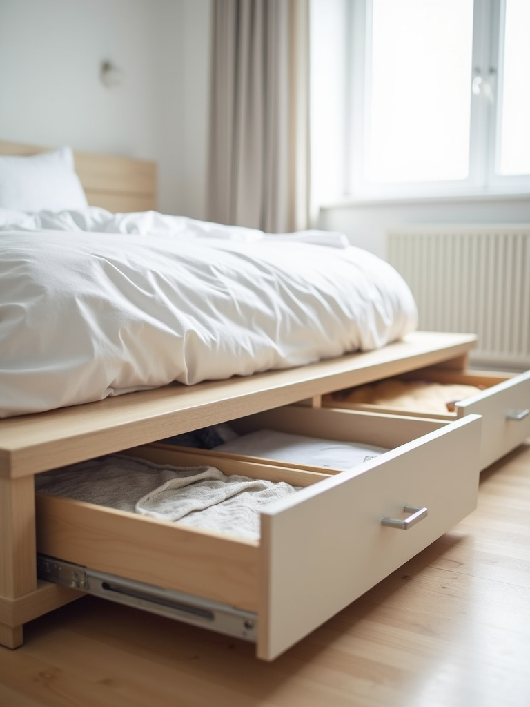 Under-bed storage drawers neatly organized under a platform bed in a minimalist bedroom, showcasing hidden clutter solution.