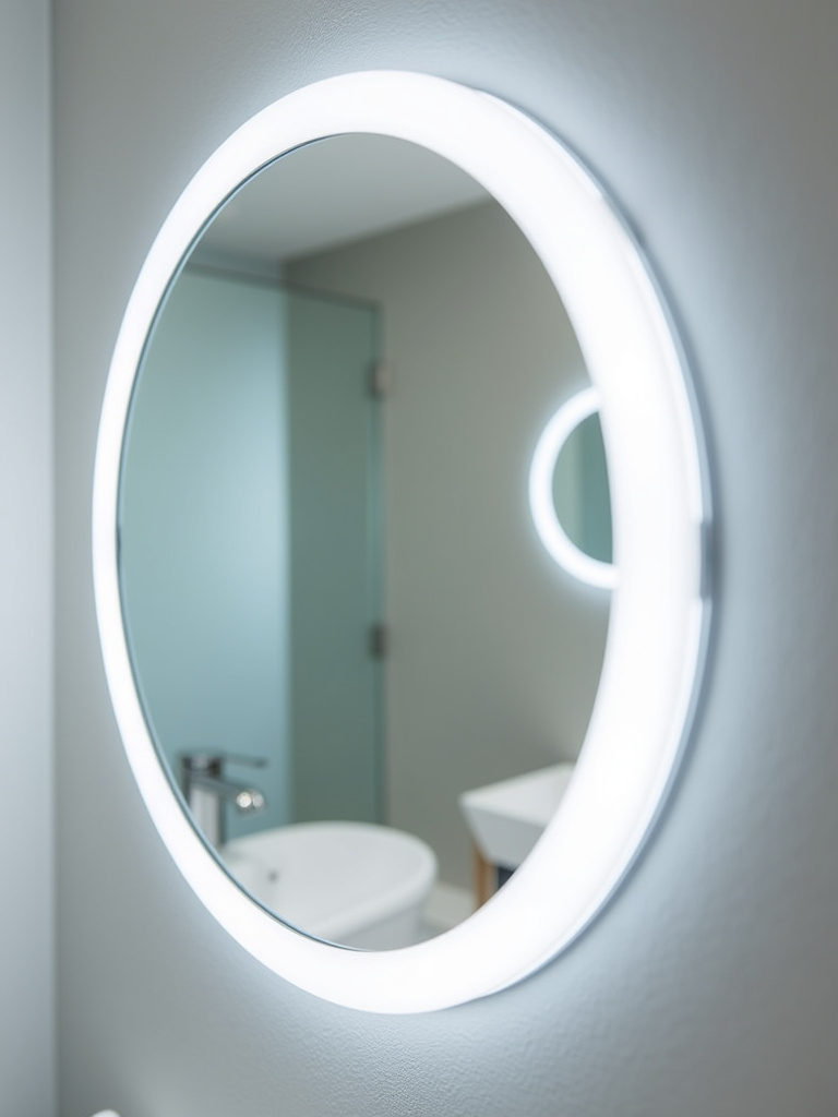 LED vanity mirror mounted on a bathroom wall, reflecting a sink.