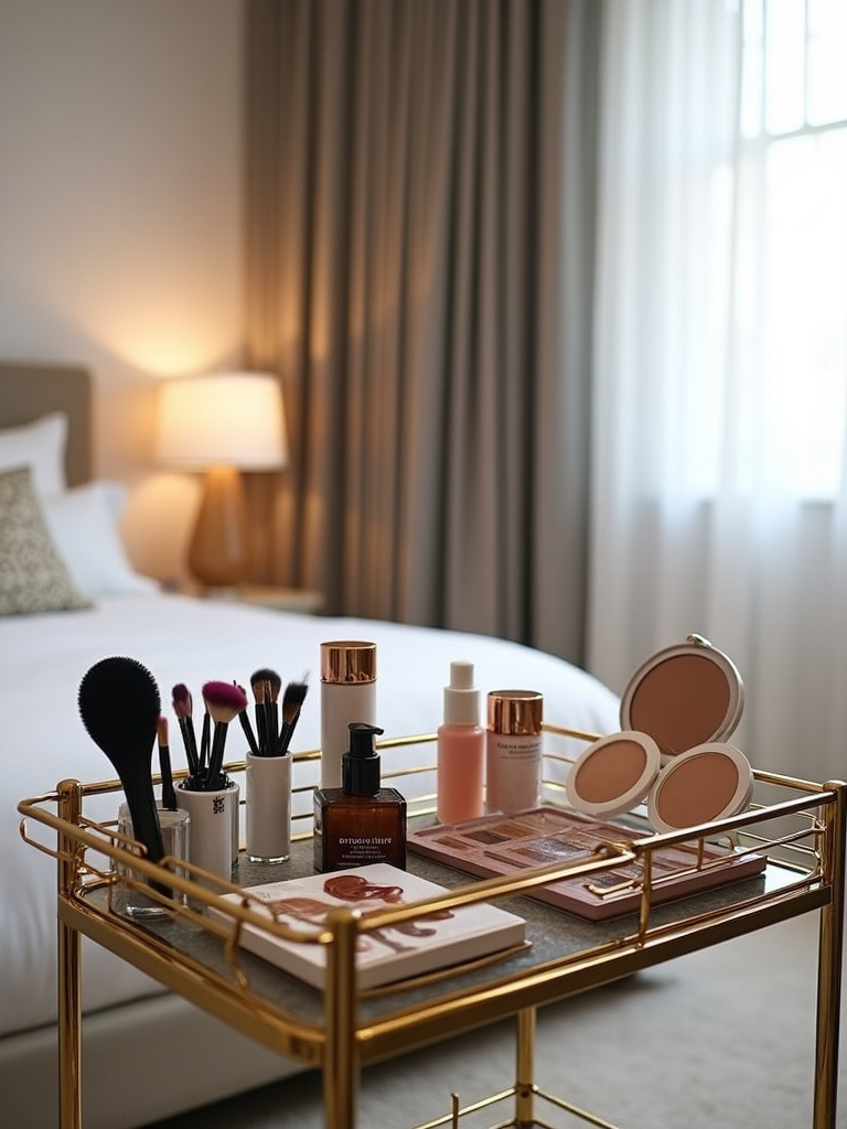 Gold multi-tiered rolling cart used for makeup and skincare organization in a modern bedroom dressing area.