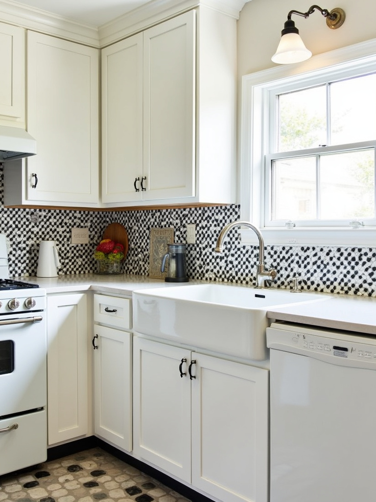 “Vintage-style black and white penny tile backsplash in a traditional kitchen.”