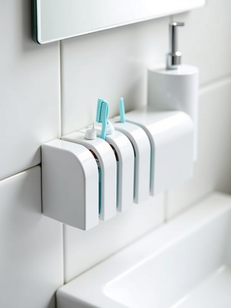White wall-mounted toothbrush holder with covers on a tiled bathroom wall.