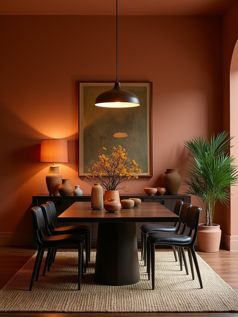 Warm dining room with terracotta textured wallpaper, dark wood furniture, and soft lighting.