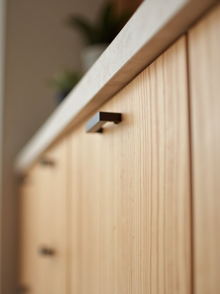 Detailed view of light birch wood kitchen cabinets in a Scandinavian style, highlighting the natural wood grain texture under warm lighting.