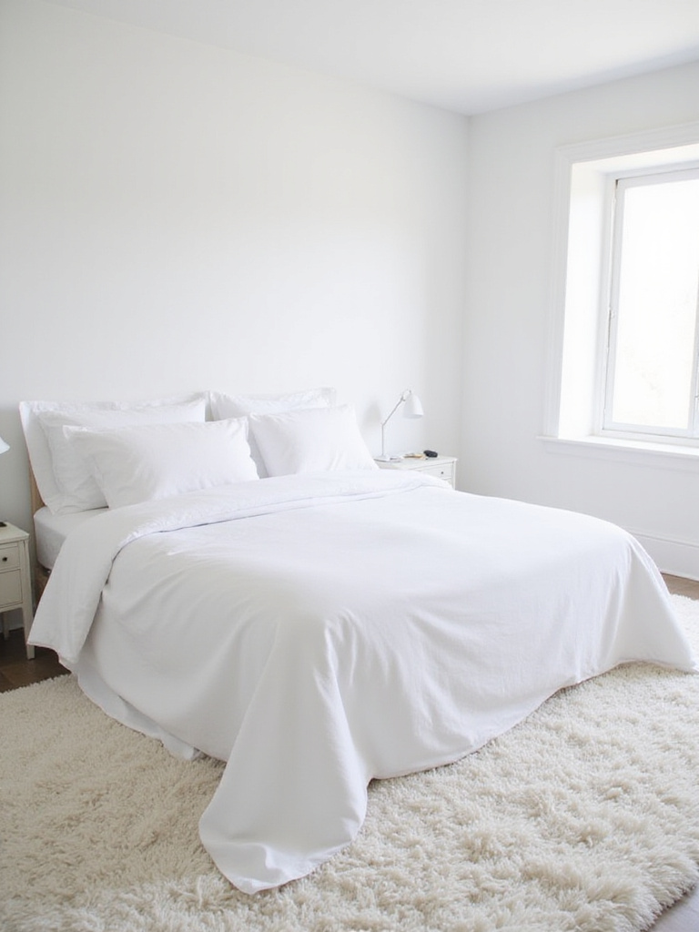 White bedroom with large white shag rug under king-sized bed.
