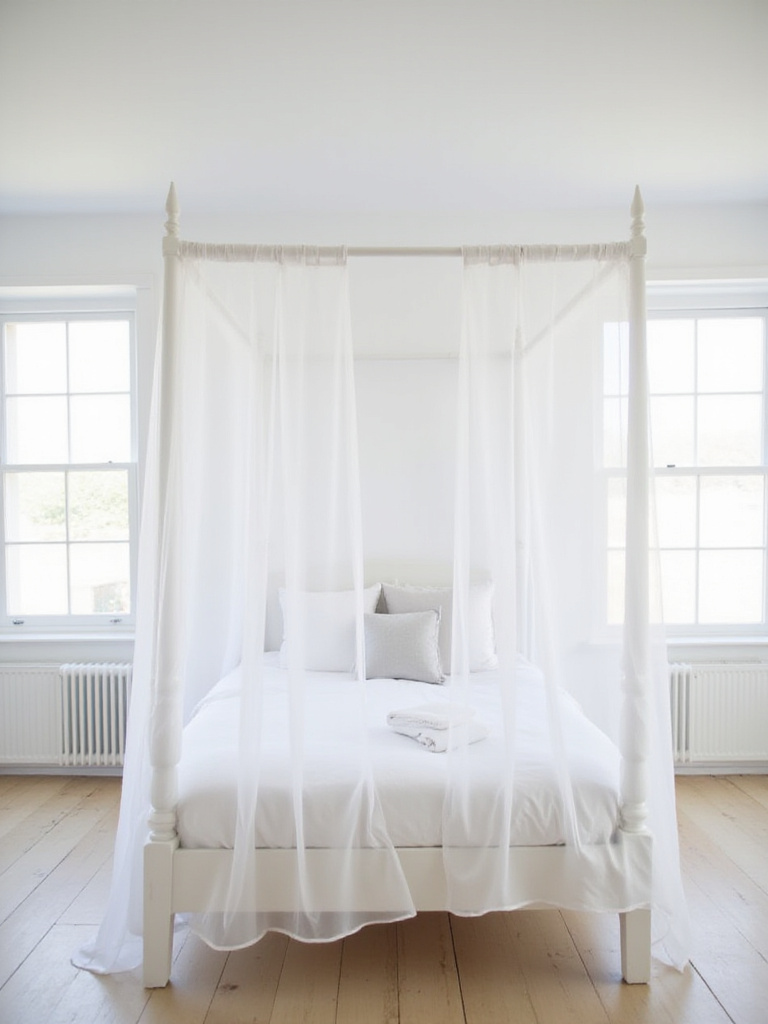 White bedroom with a dreamy white canopy bed as the focal point