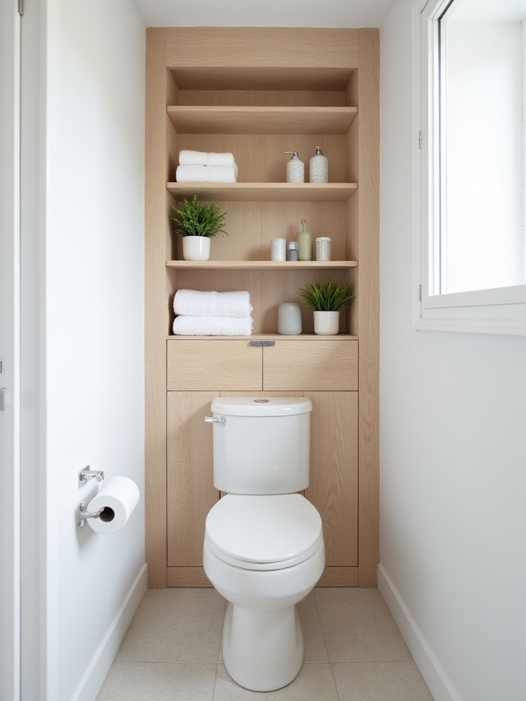 Small bathroom featuring a light wood over-the-toilet storage unit with open shelving and a closed cabinet.