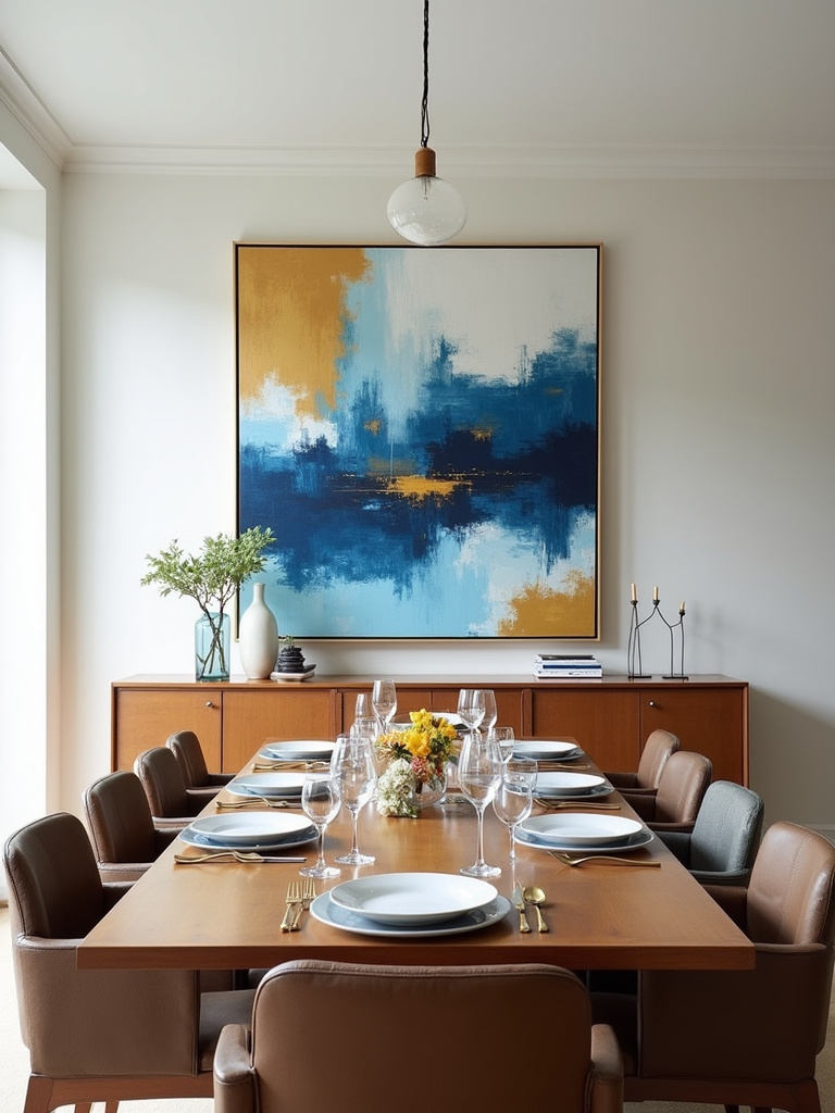 Contemporary dining room with abstract art above the sideboard