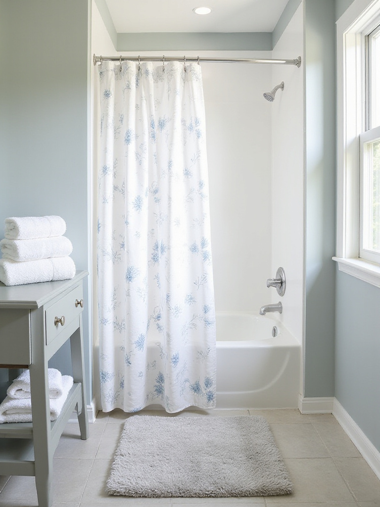 Freshly renovated bathroom with new towels, rug, and shower curtain.