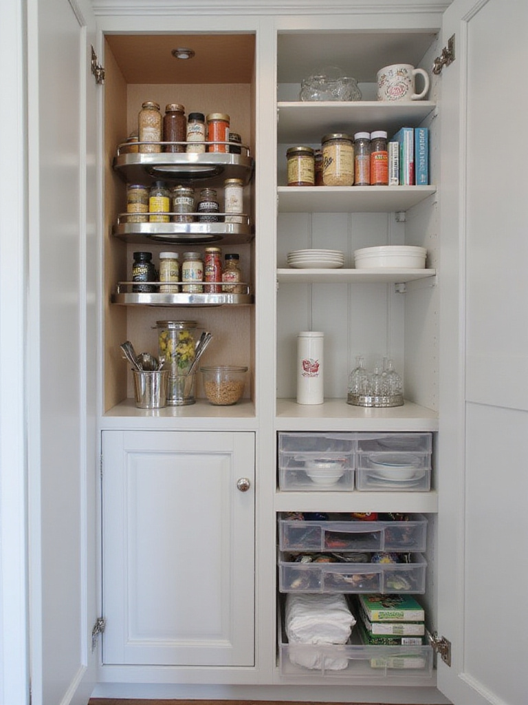Organized kitchen cabinet with pull-out spice rack and acrylic drawer organizers.