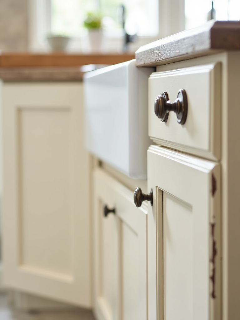 Distressed white farmhouse kitchen cabinets with vintage bronze hardware