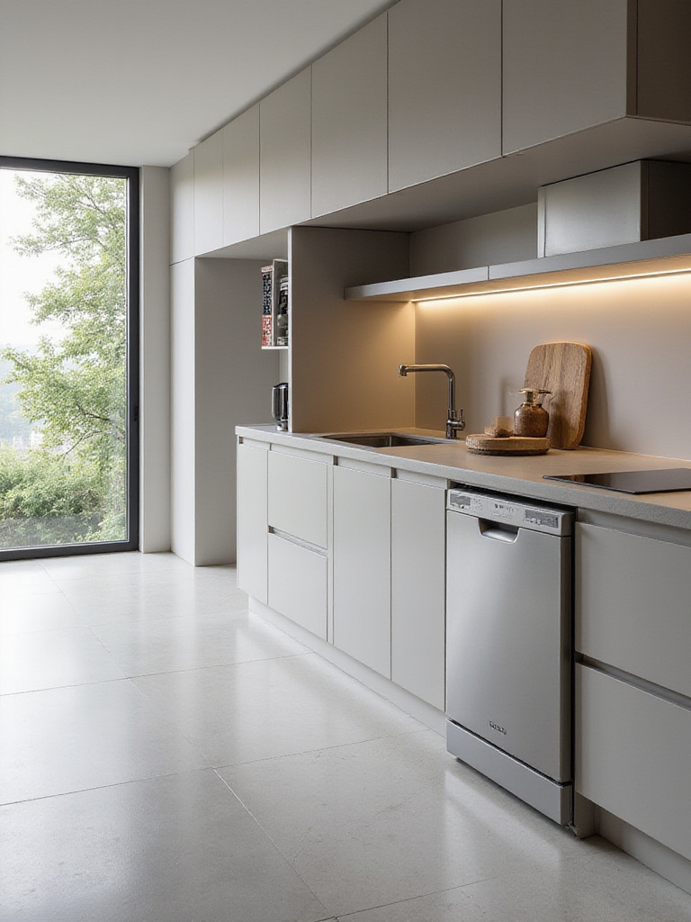 Luxury kitchen with integrated dishwasher seamlessly hidden behind matching cabinetry
