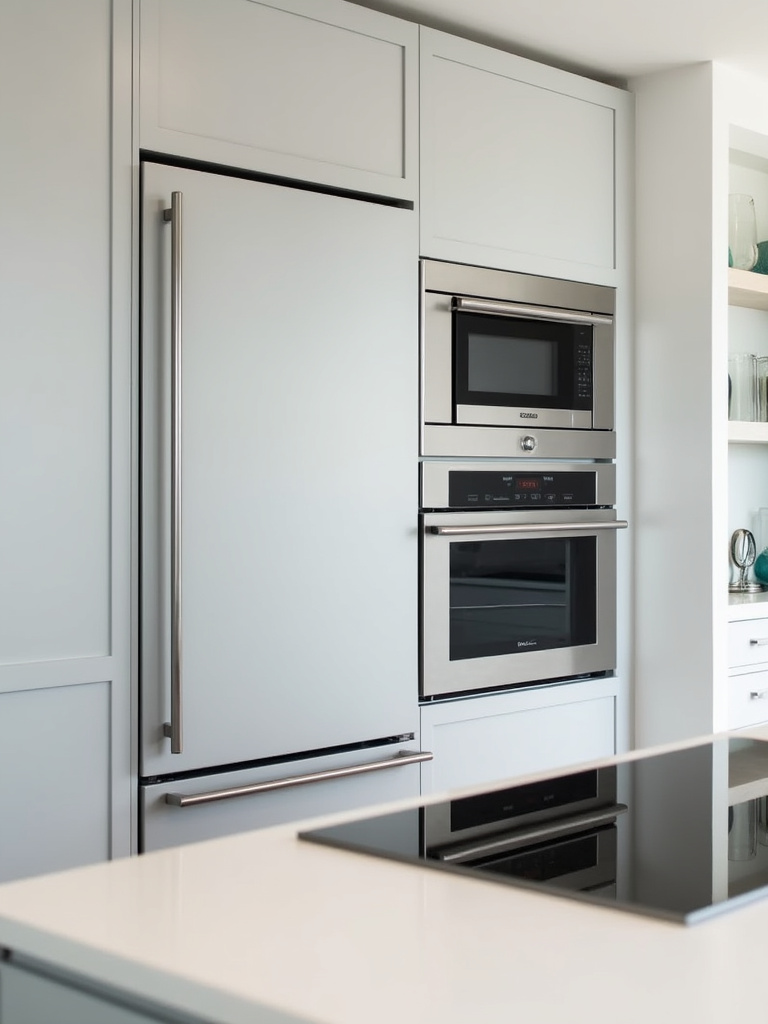 Modern kitchen with seamless built-in appliances and light gray cabinetry
