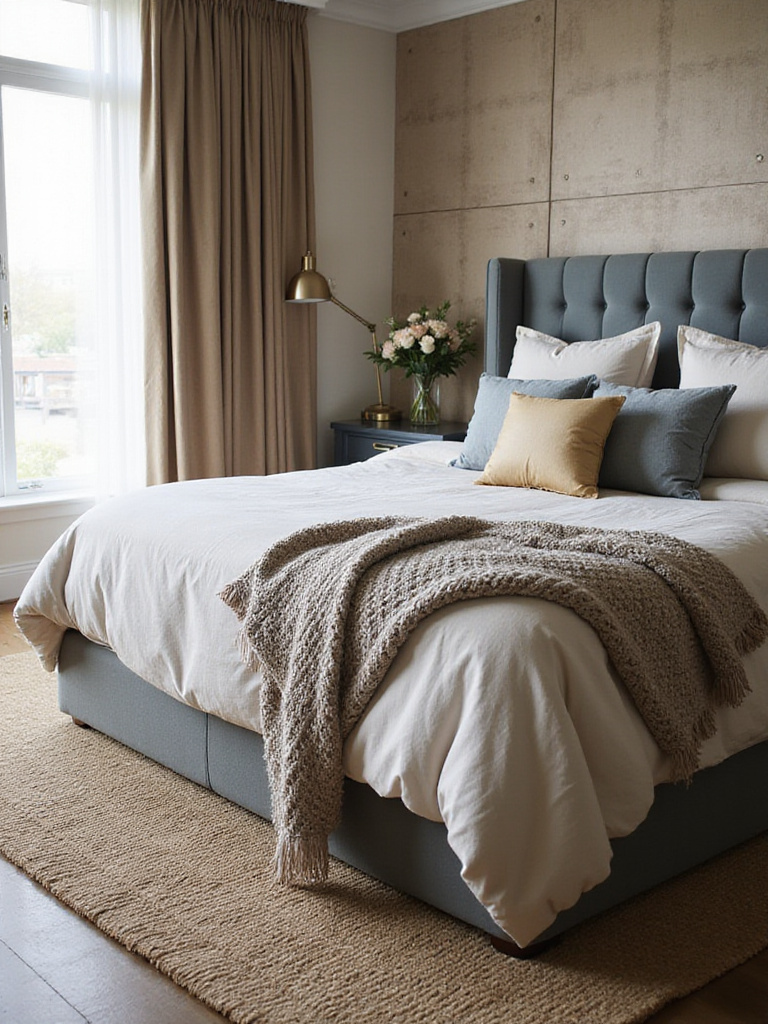Luxurious bedroom with layered textures including velvet, linen, jute, and silk creating a rich and inviting atmosphere.