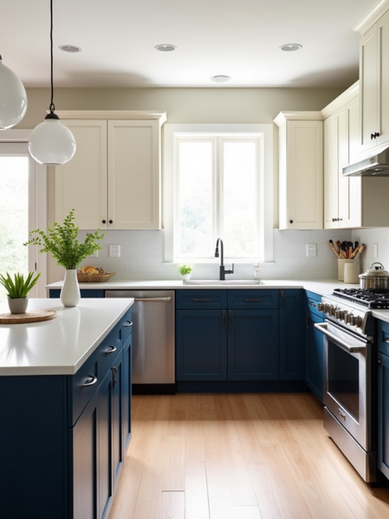 Modern kitchen with two-tone cabinetry: white upper cabinets and navy blue lower cabinets and island.
