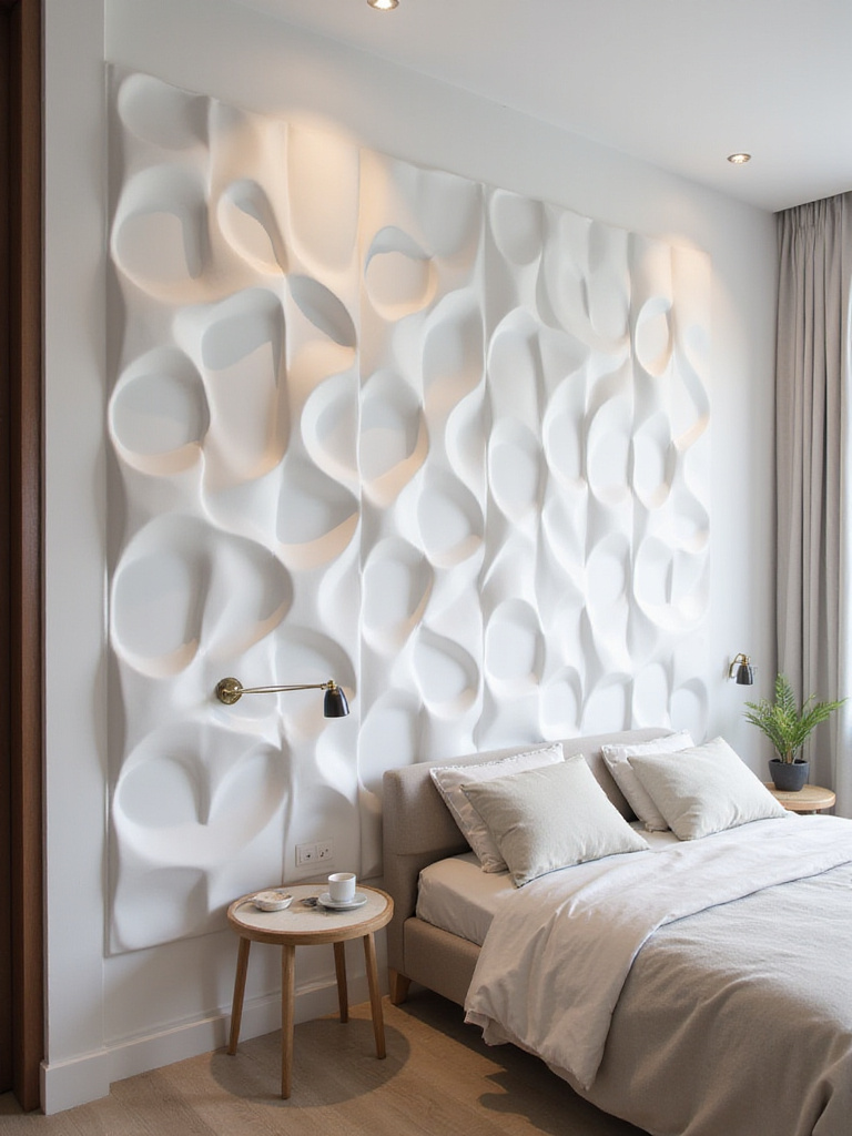 Modern bedroom with white geometric 3D wall panels creating a textured accent wall.