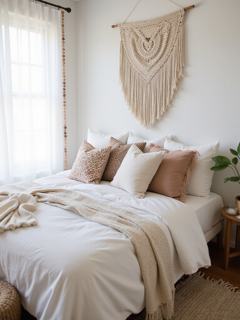 Boho bedroom with tasseled pillows, fringed rug, and pom-pom curtains.