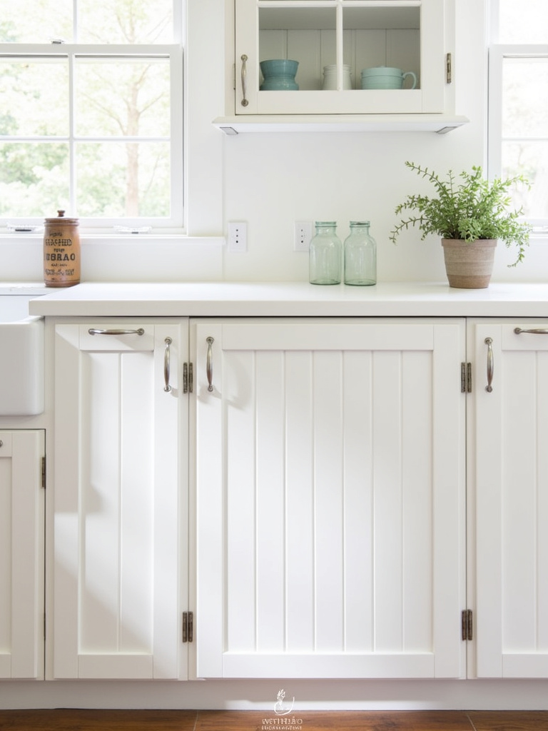 Farmhouse kitchen with white beadboard cabinet doors