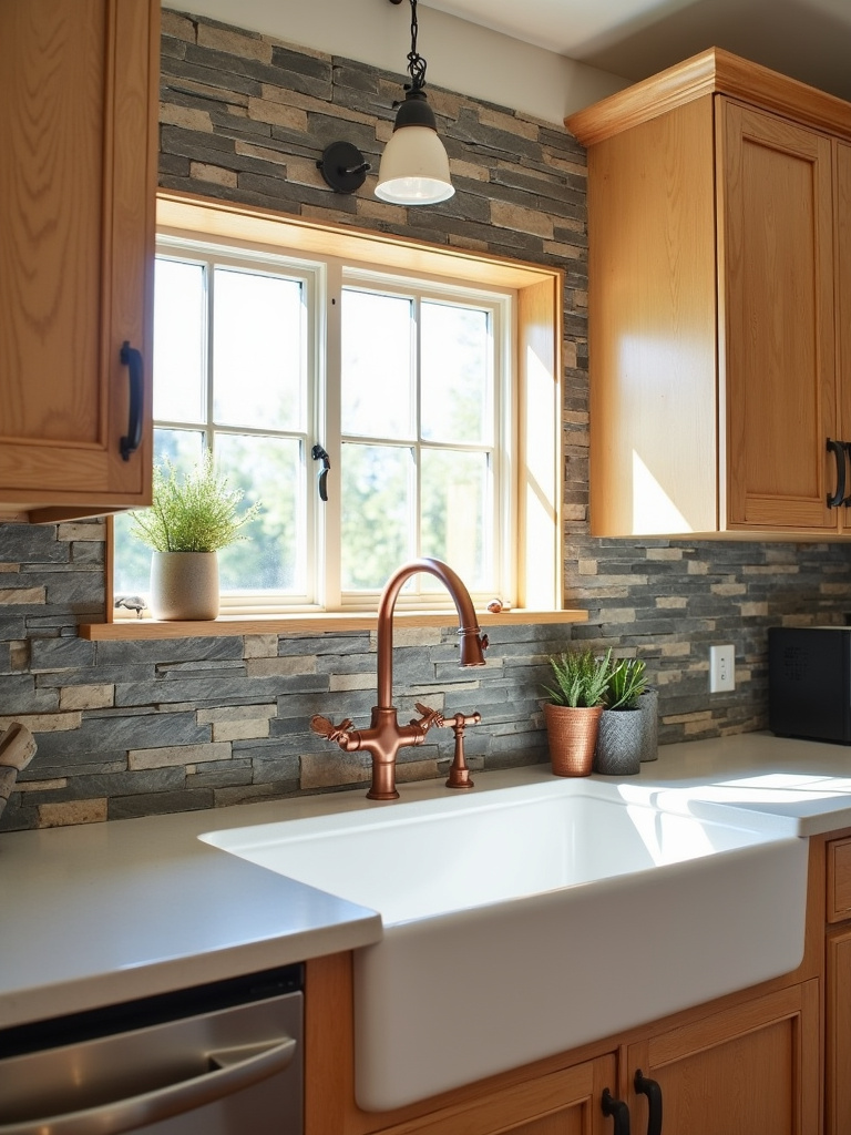 Rustic kitchen with natural stone slate backsplash