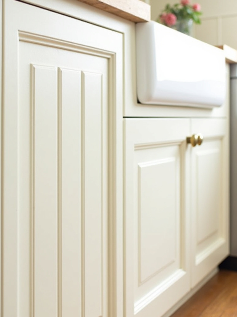 Farmhouse kitchen cabinets with elegant wainscoting detail